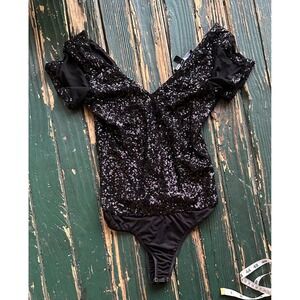 Bebe Addiction Womens Black Sequin V-Neck Bodysuit Short Sleeve Thong Large J288
